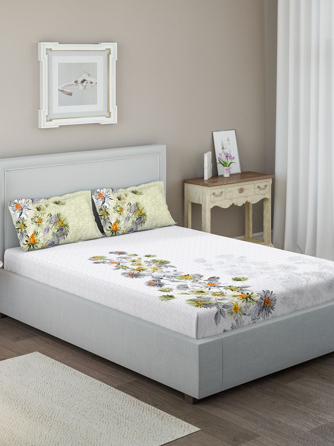 DDecor Green & Grey Floral 144 TC Cotton 1 Queen Bedsheet with 2 Pillow Covers Price in India