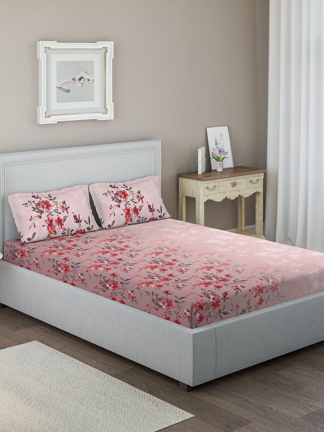 DDecor Red & Pink Floral 144 TC Cotton 1 Queen Bedsheet with 2 Pillow Covers Price in India