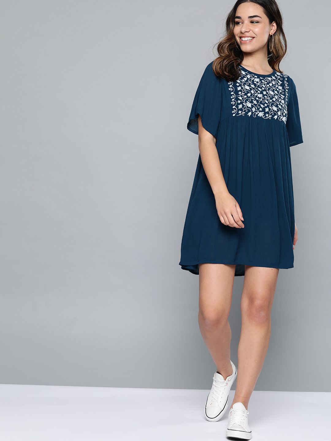 Mast & Harbour Navy Embroidered A-Line Dress Price in India