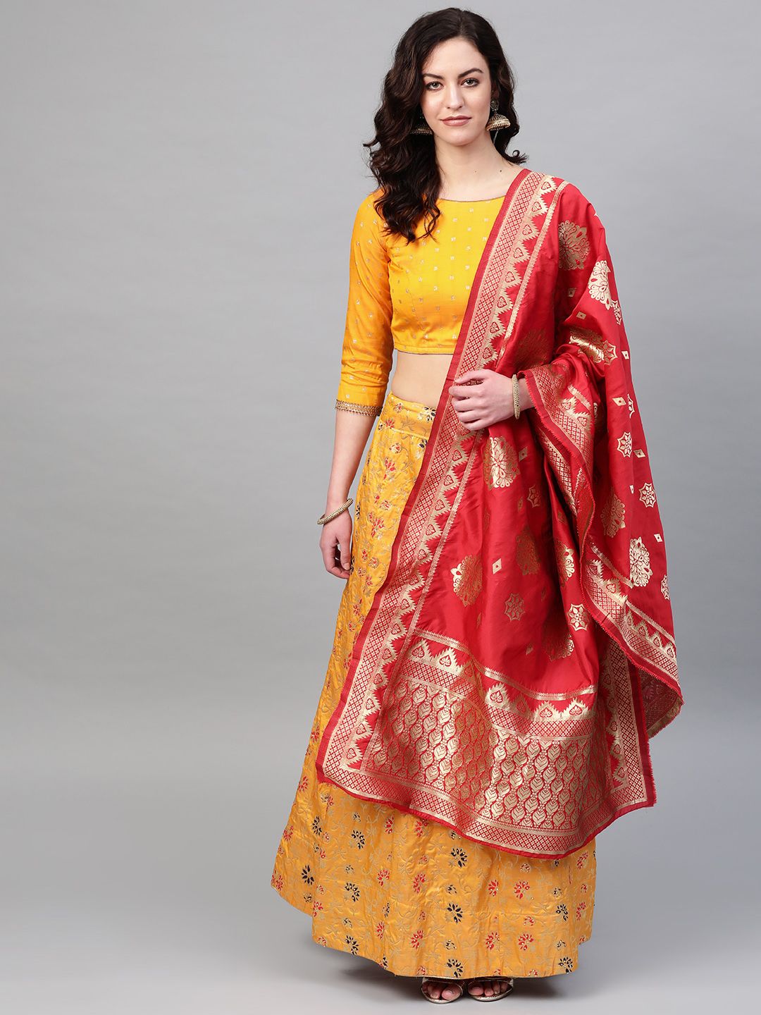 Chhabra 555 Mustard Yellow Zari Woven Semi-Stitched Banarasi Lehenga With Choli & Dupatta Price in India