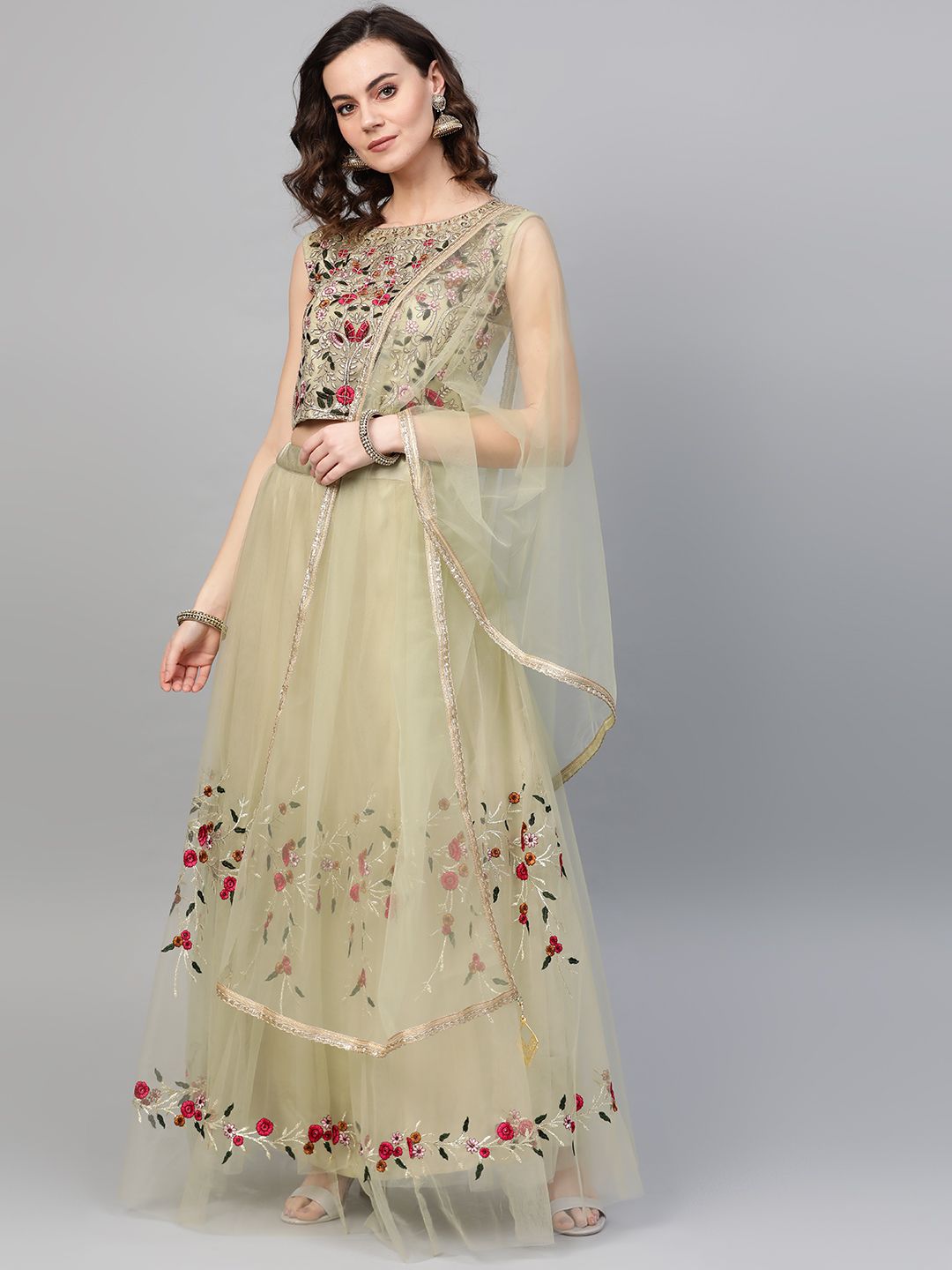 Chhabra 555 Women Green & Red Zari Embroidered Made To Measure Lehenga Choli With Dupatta