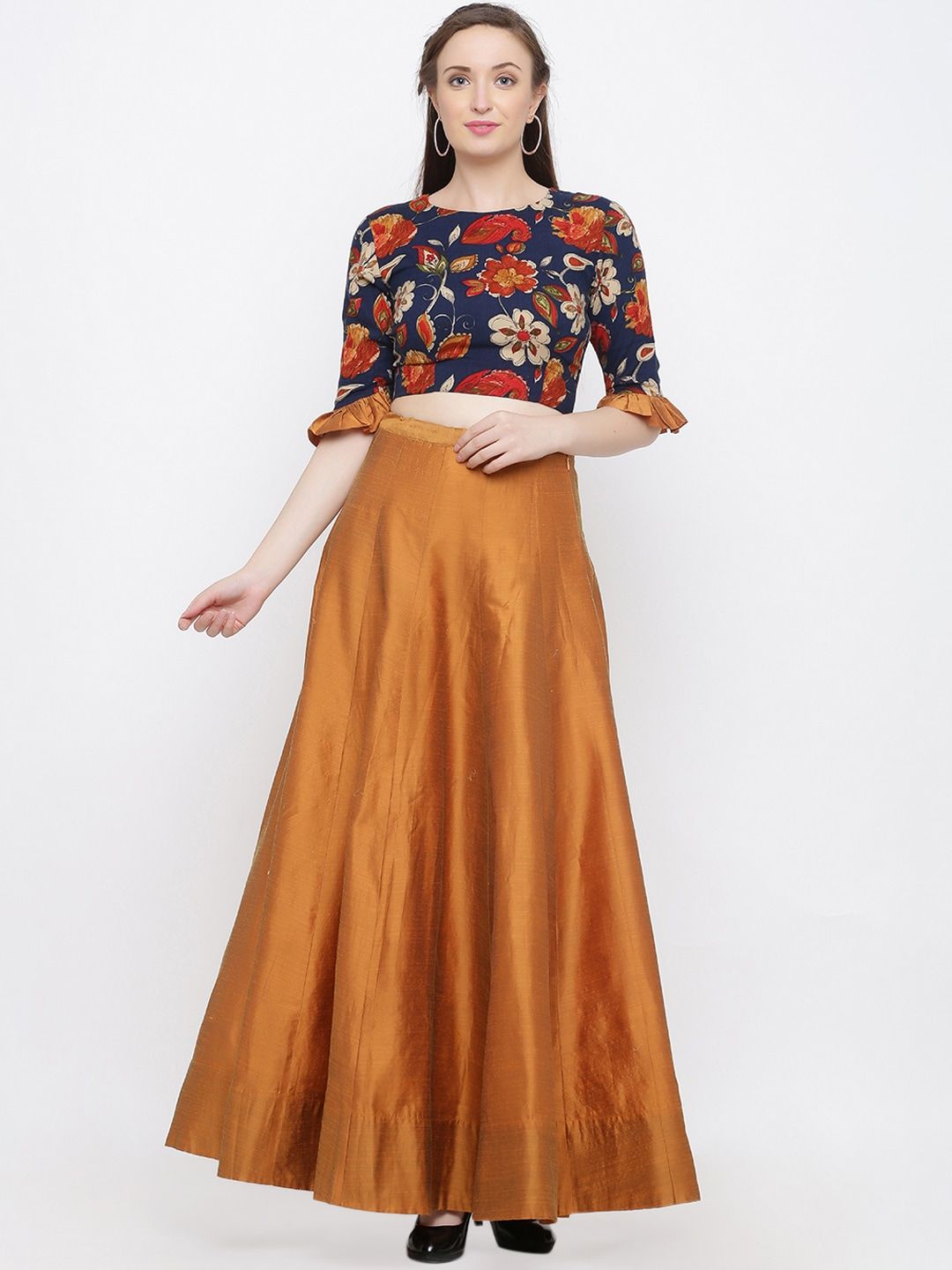 Indian Virasat Copper-Toned Ready to Wear Silk Lehenga with Blouse Price in India