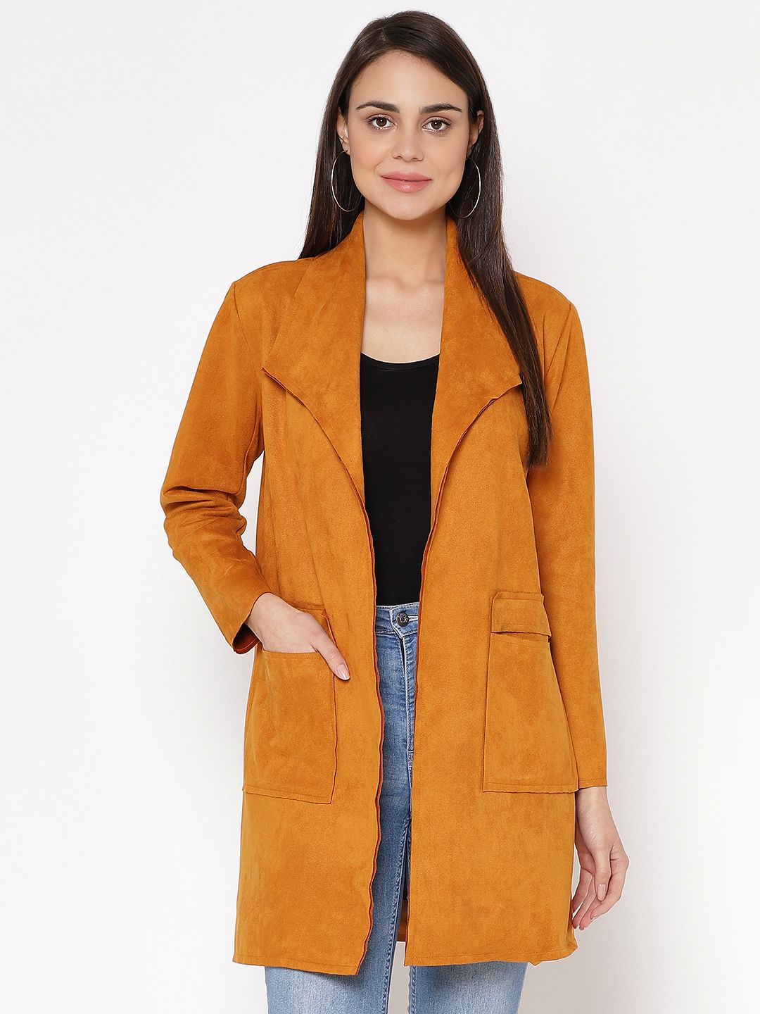 Carlton London Women Mustard Yellow Suede Solid Open Front Longline Jacket Price in India