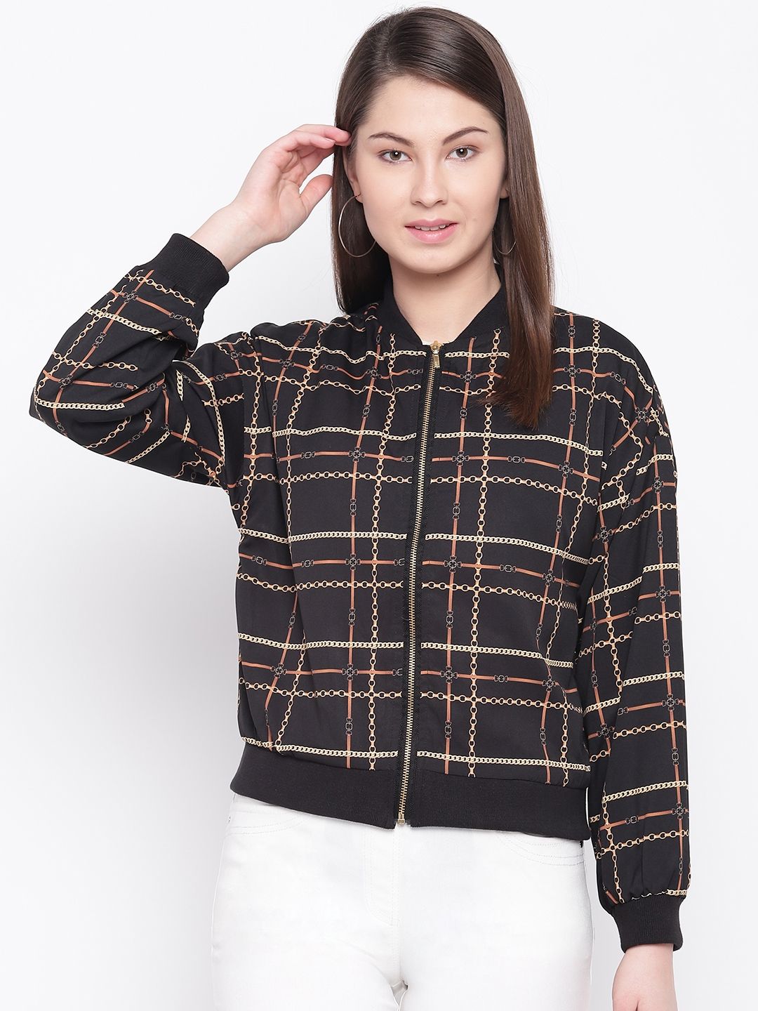 Marie Claire Women Black & Mustard Yellow Checked Bomber Jacket Price in India