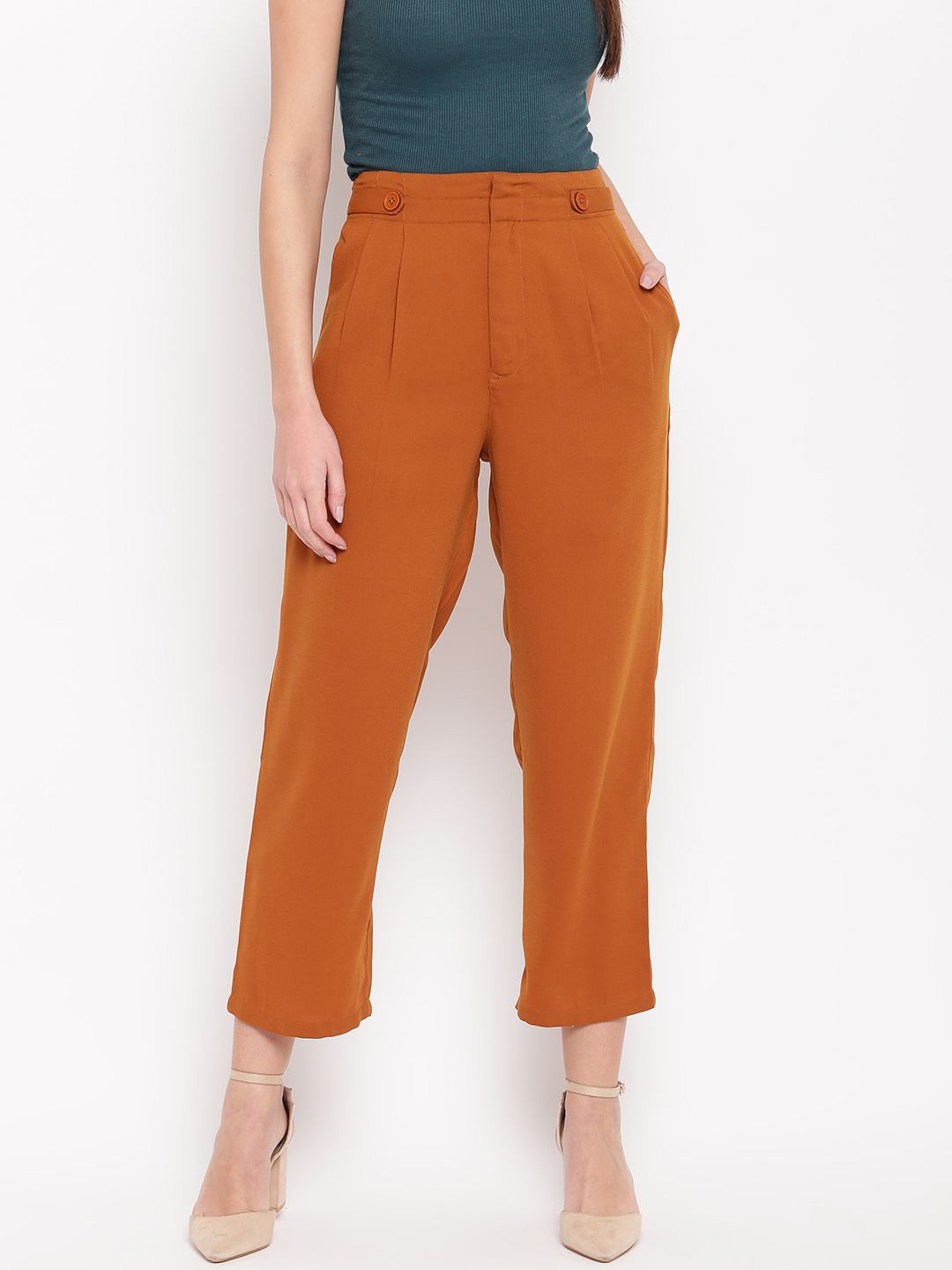 RARE Women Mustard Brown Regular Fit Solid Cropped Trousers Price in India