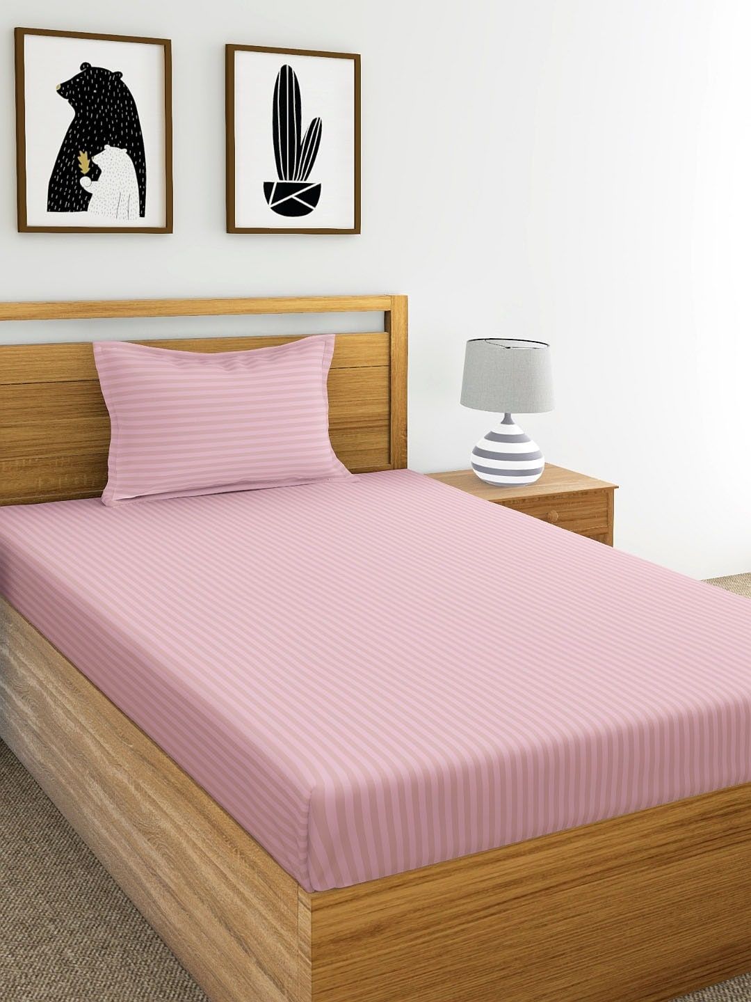 Dreamscape Pink Striped 220 TC Cotton 1 Single Bedsheet with 1 Pillow Covers Price in India