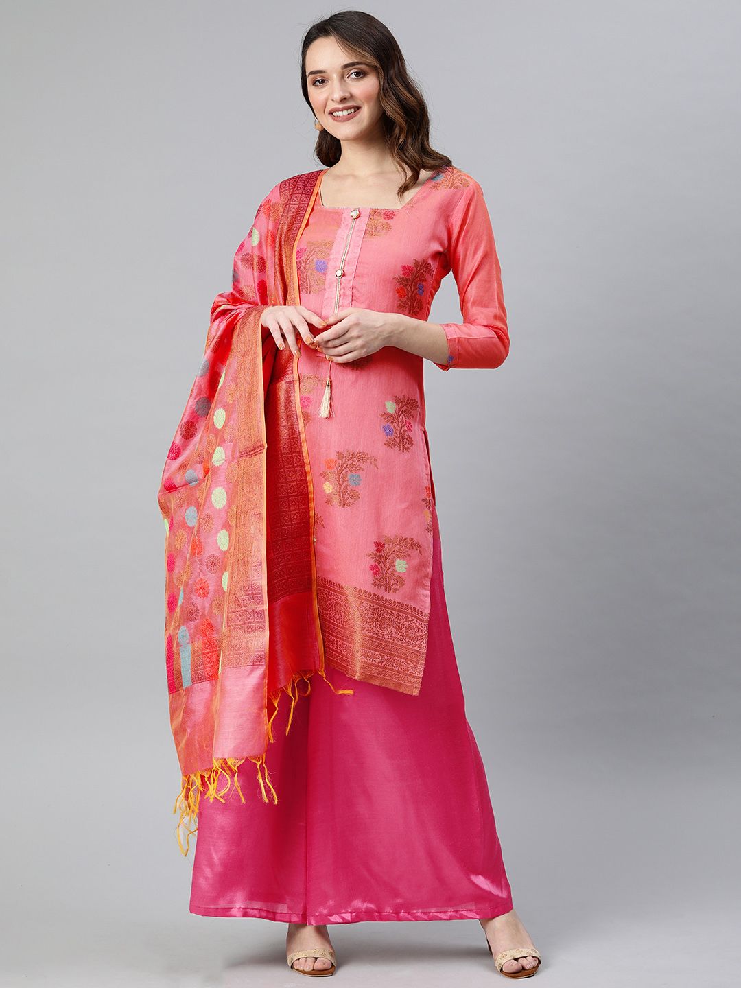 Rajnandini Pink & Rose Gold Silk Blend Unstitched Dress Material Price in India