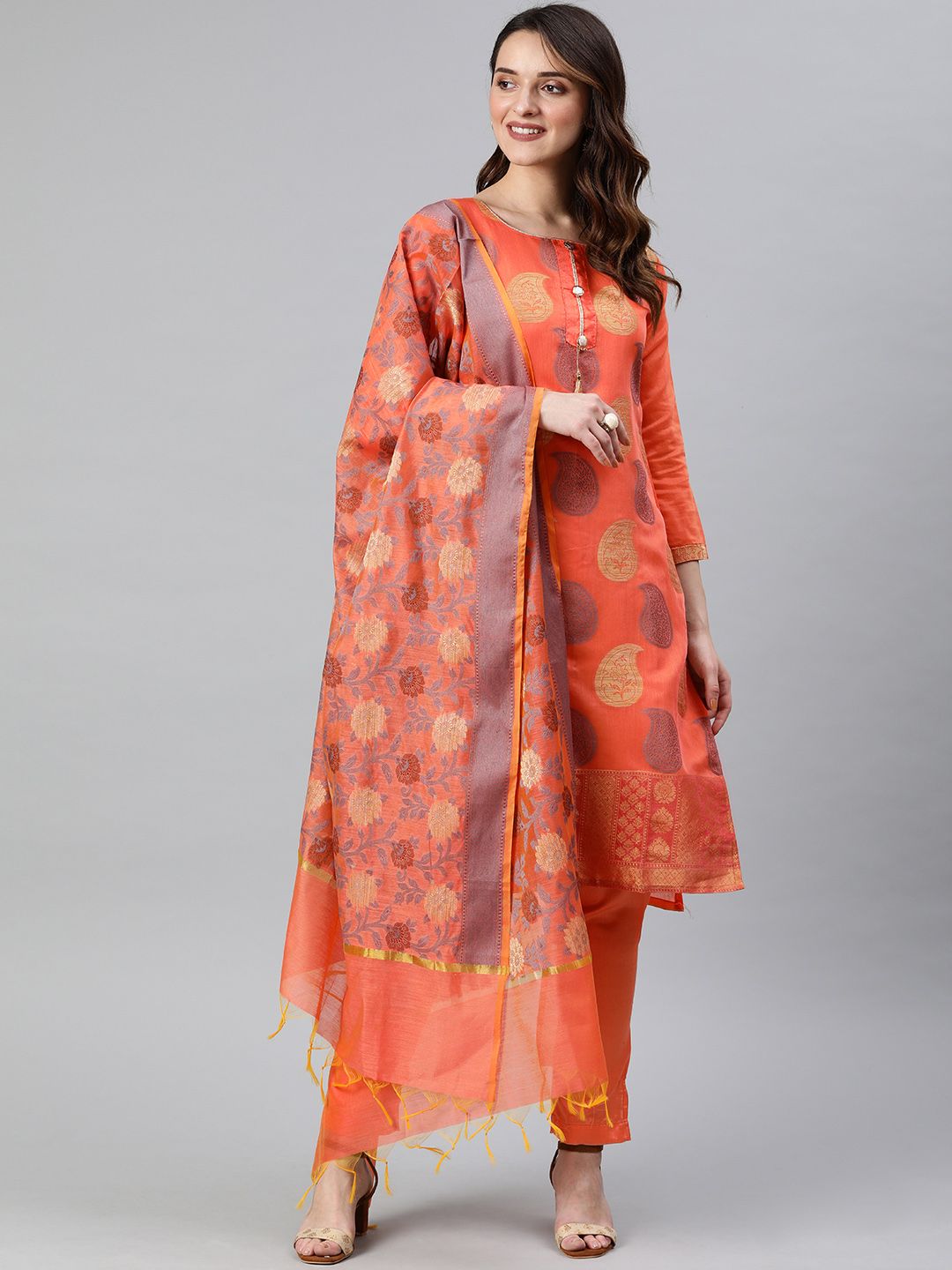 Rajnandini Peach-Coloured & Grey Woven Design Silk Blend Unstitched Dress Material Price in India