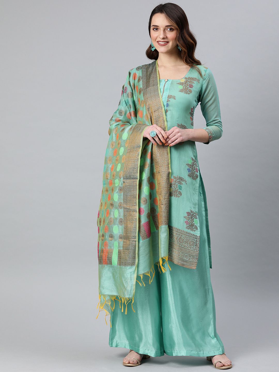 Rajnandini Turquoise Blue & Copper-Toned Silk Blend Unstitched Dress Material Price in India