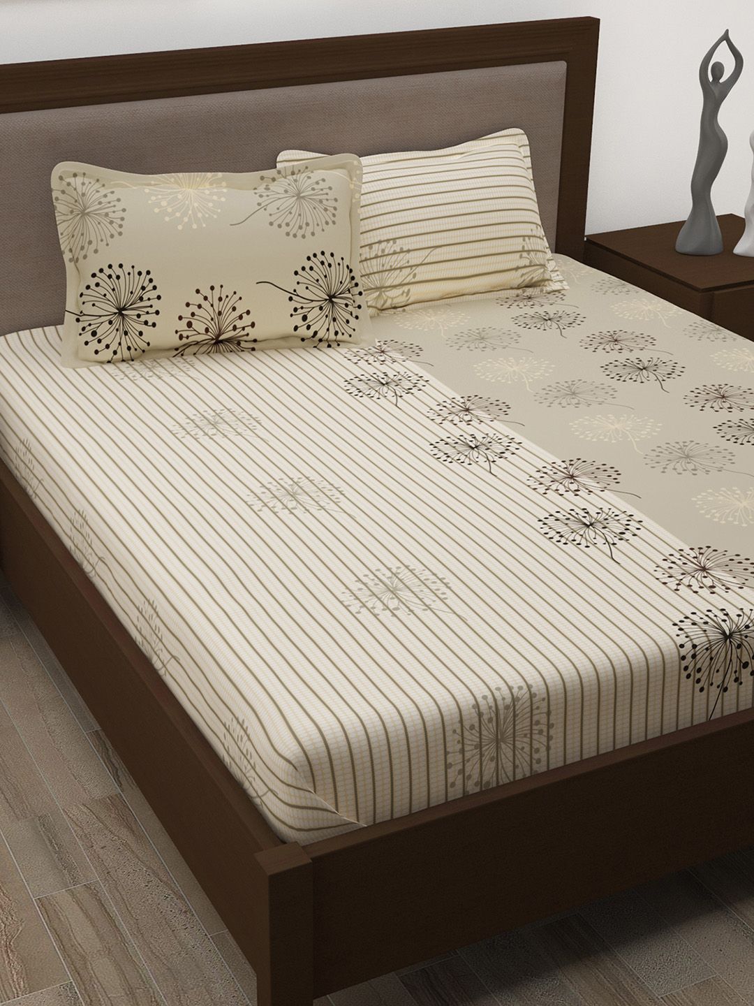 Story@home Grey Floral 186 TC Cotton Bedsheet with 2 Pillow Covers Price in India