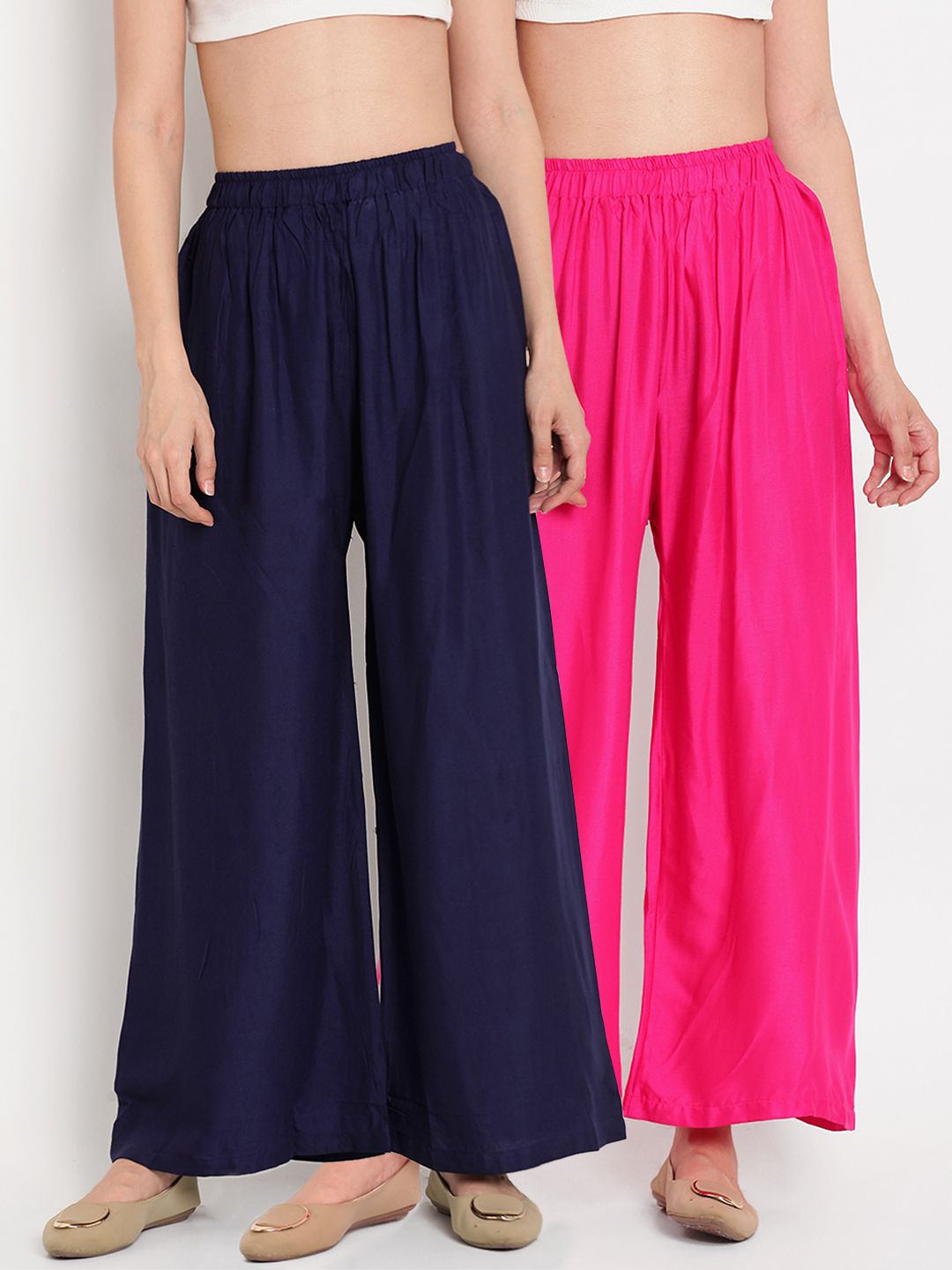 TAG 7 Women Set of 2 Pink & Navy Blue Solid Flared Palazzos Price in India