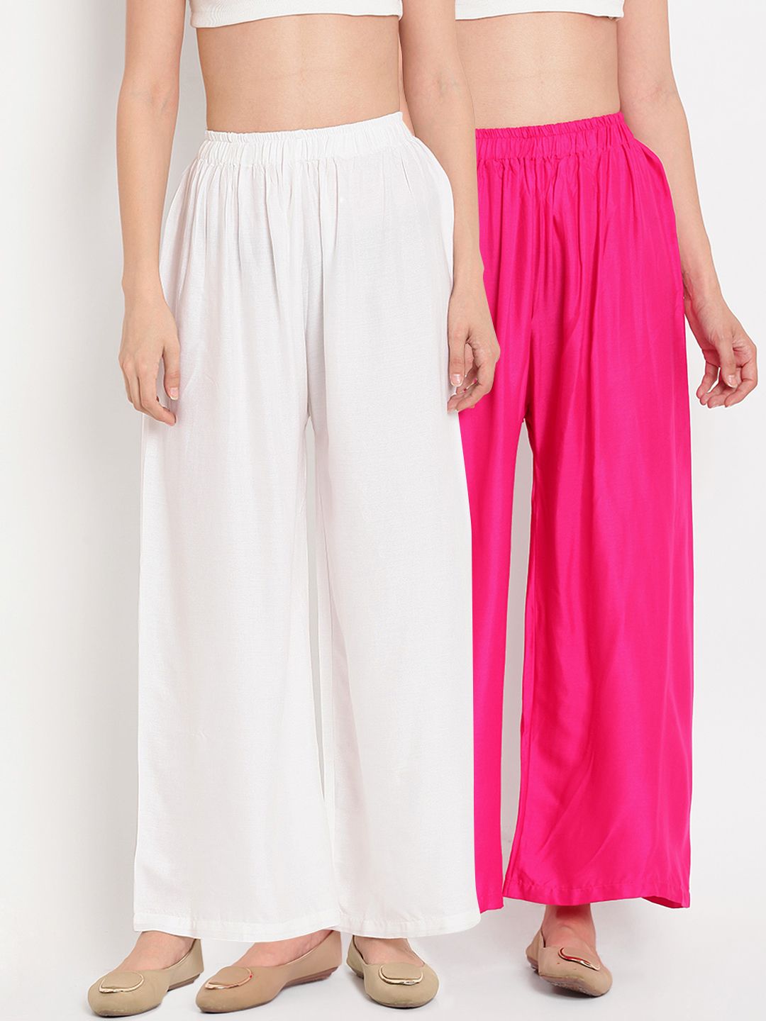 TAG 7 Women Pack Of 2  White & Pink Solid Flared Palazzos Price in India