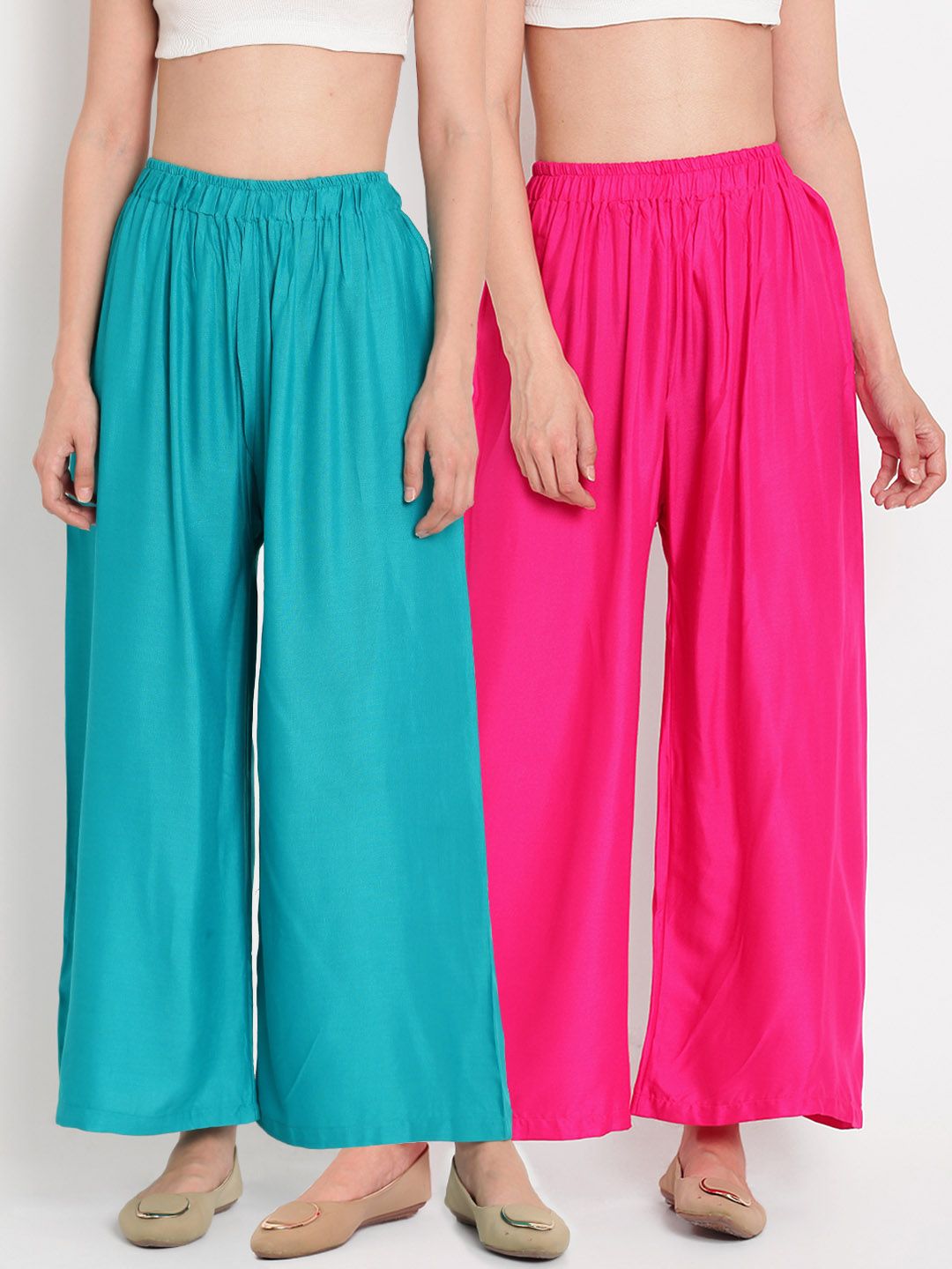 TAG 7 Women Set of 2 Pink & Teal Blue Solid Flared Palazzos Price in India