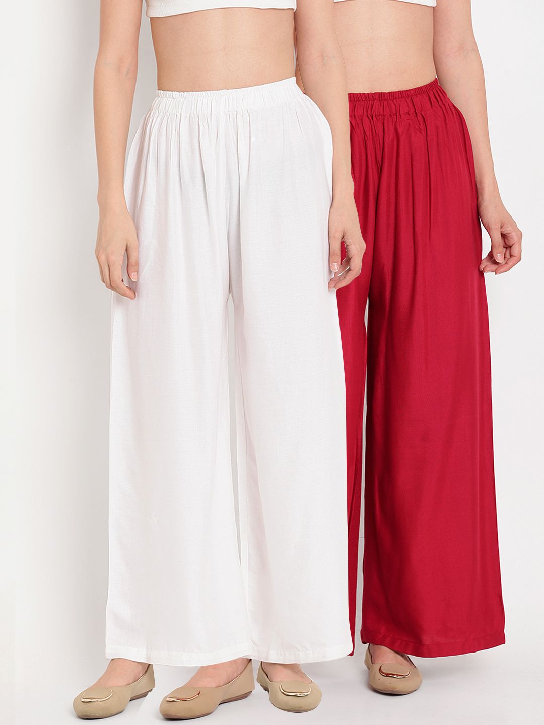 TAG 7 Women Set of 2 White & Red Solid Flared Palazzos Price in India
