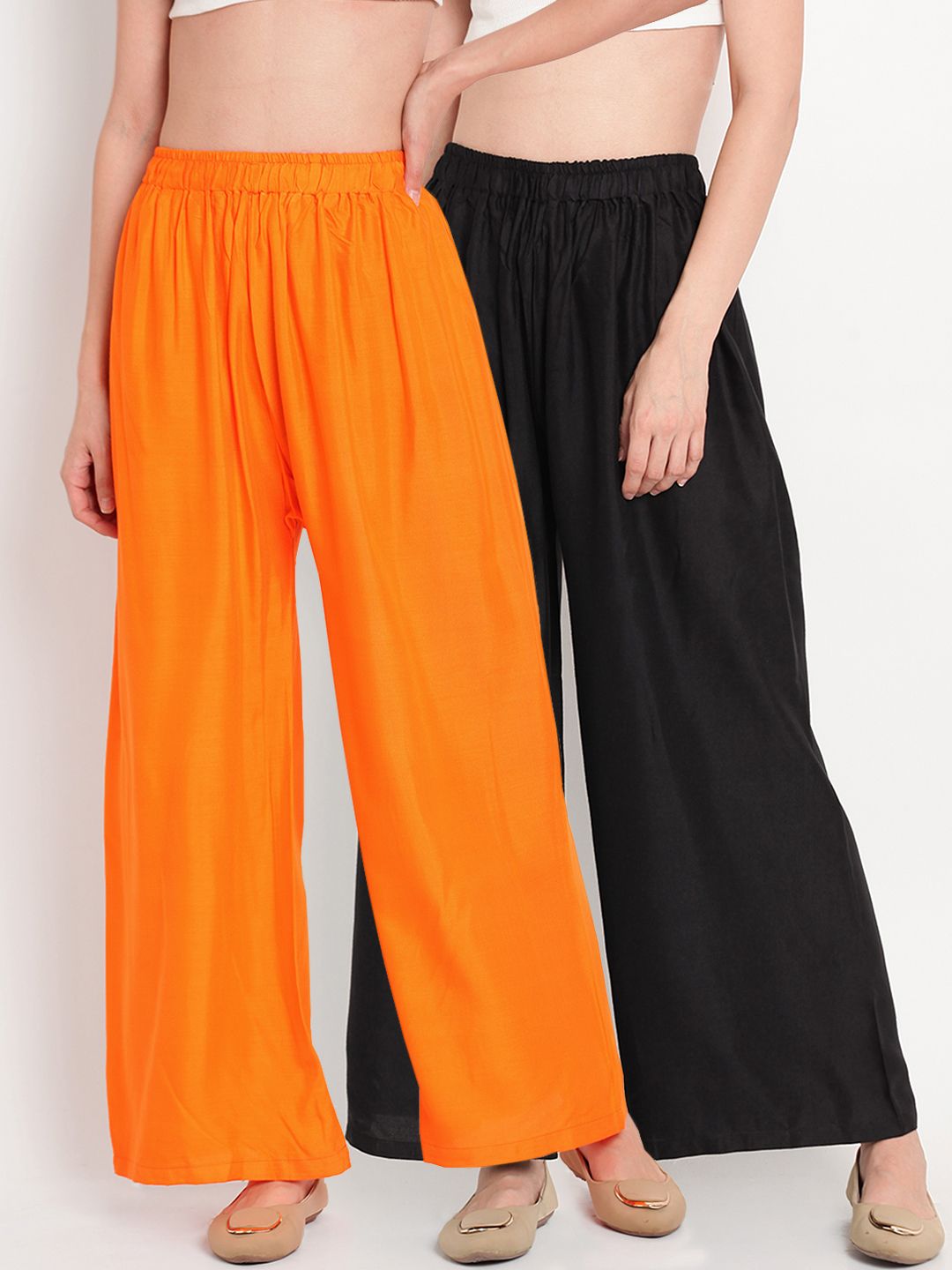 TAG 7 Women Pack Of 2 Black & Orange Solid Flared Palazzos Price in India