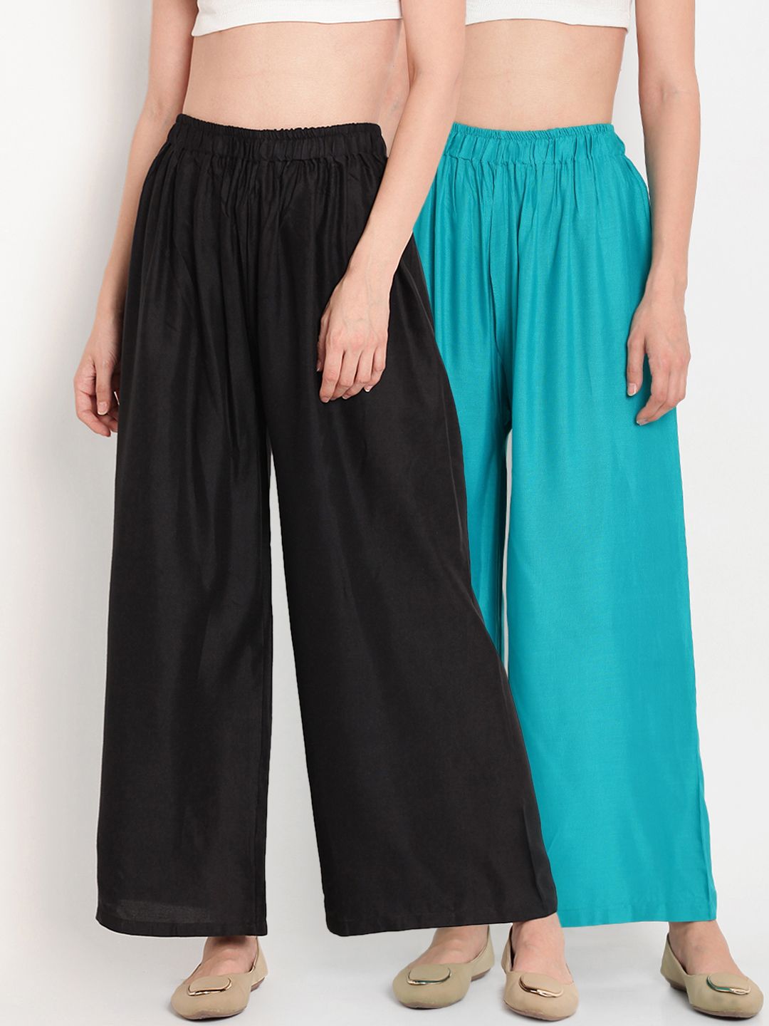 TAG 7 Women Pack Of 2 Black & Teal Blue Solid Flared Palazzos Price in India