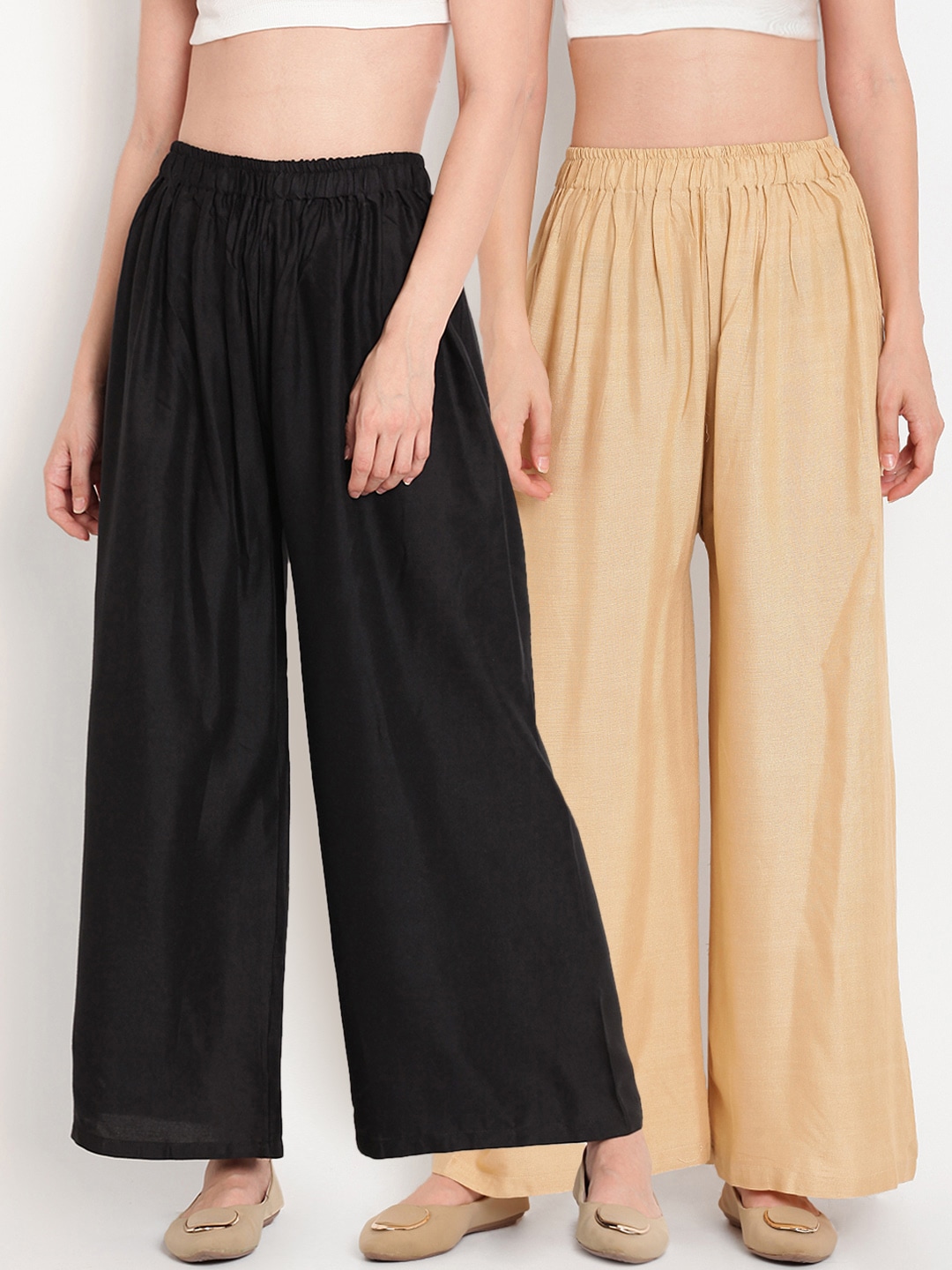 TAG 7 Women Pack Of 2 Black & Beige Solid Flared Palazzos Price in India