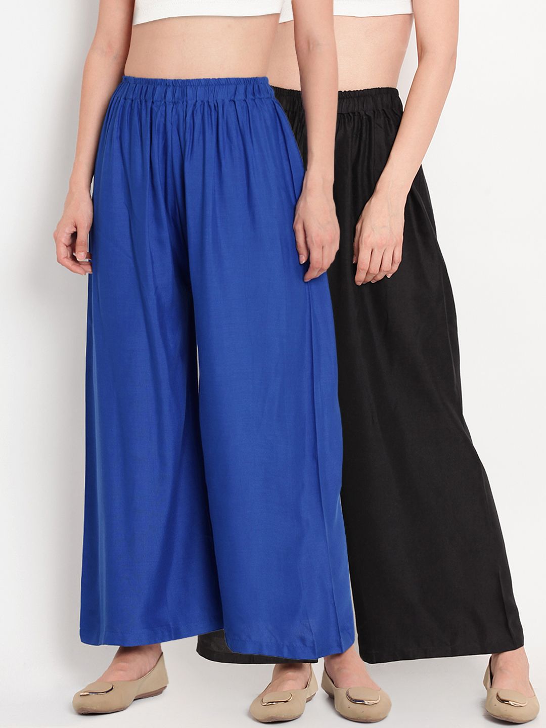 TAG 7 Women Pack Of 2 Black & Blue Solid Flared Palazzos Price in India