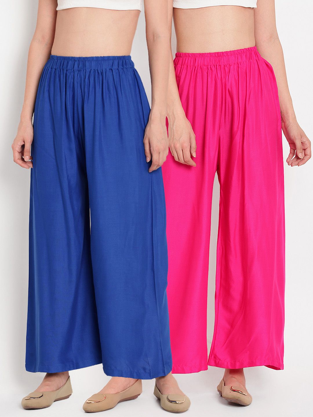 TAG 7 Women Set of 2 Blue & Pink Solid Flared Palazzos Price in India