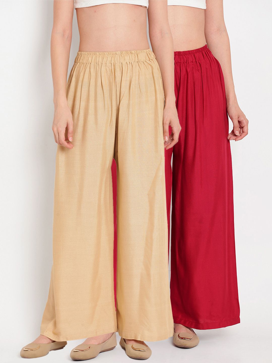 TAG 7 Women Set of 2 Maroon & Beige Solid Flared Palazzos Price in India