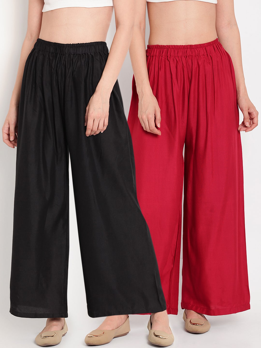 TAG 7 Women Pack Of 2 Black & Maroon Solid Flared Palazzos Price in India