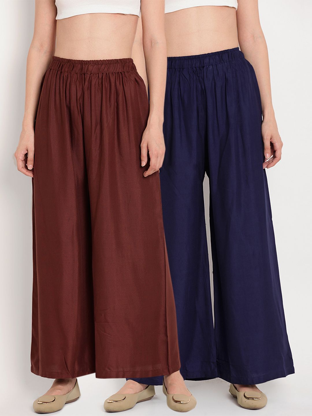 TAG 7 Women Pack Of 2 Brown & Navy Blue Solid Flared Palazzos Price in India