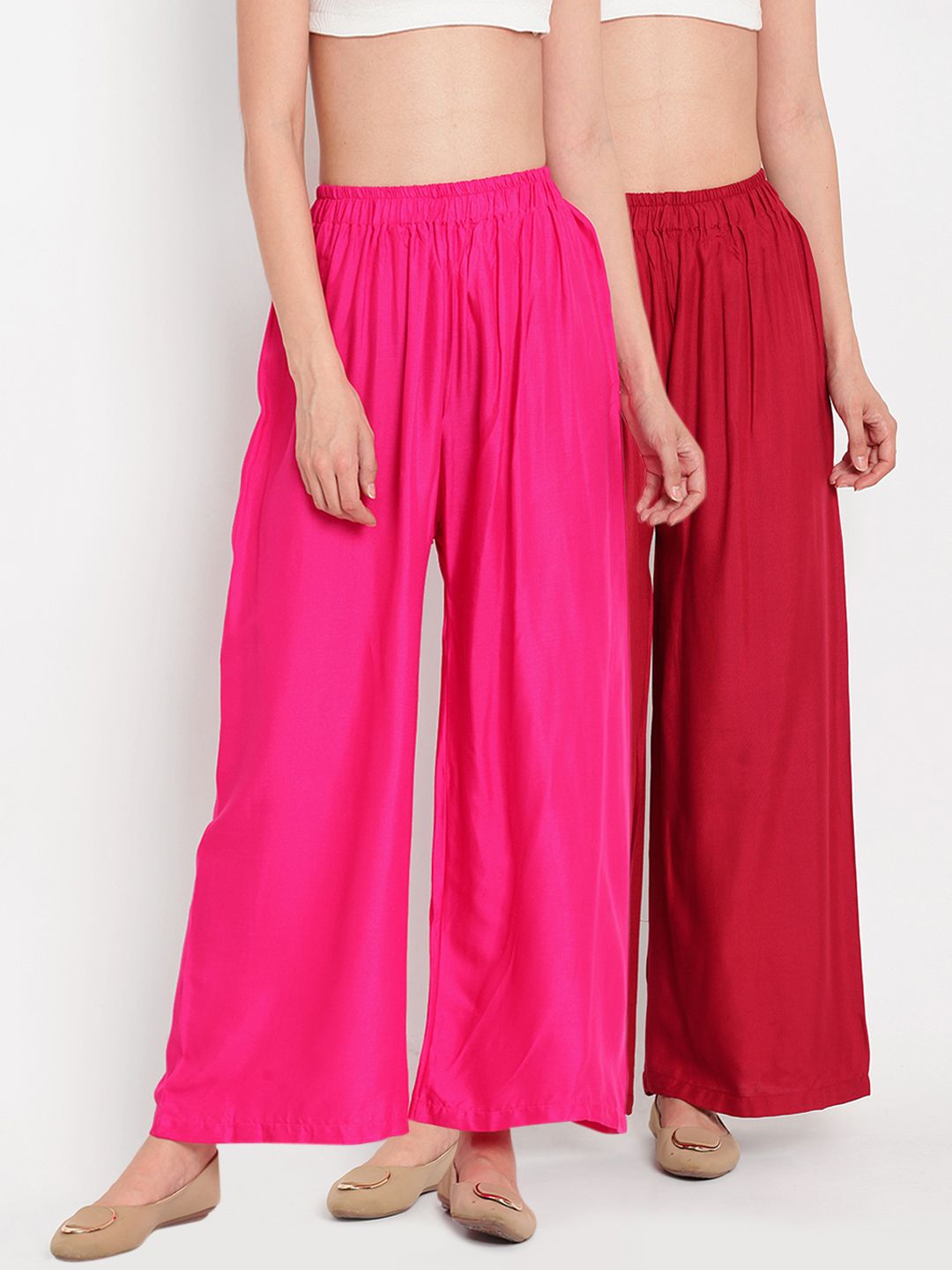 TAG 7 Women Set of 2 Pink & Maroon Solid Flared Palazzos Price in India