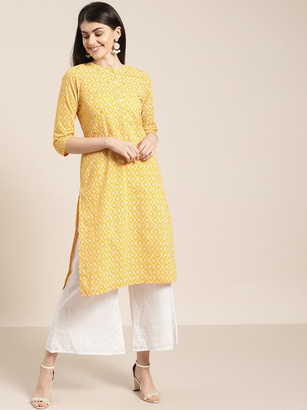 Sangria Women Mustard Yellow & White Printed Straight Kurta Price in India