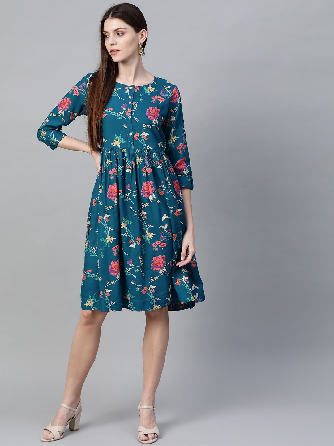 Sangria Women Teal Blue & Coral Pink Floral Print A-Line Dress