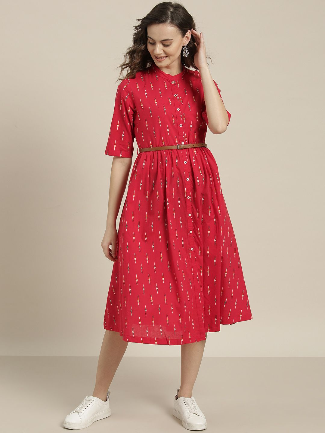 Sangria Women Red & White Printed A-Line Dress