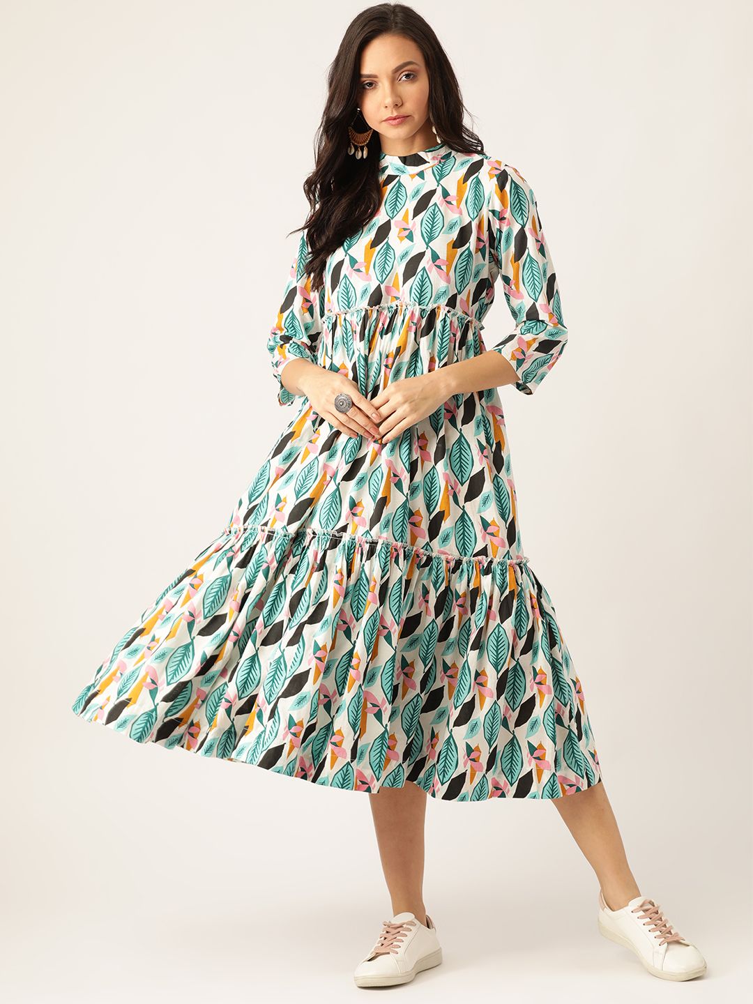 Sangria Women White & Blue Printed Tiered A-Line Dress Price in India