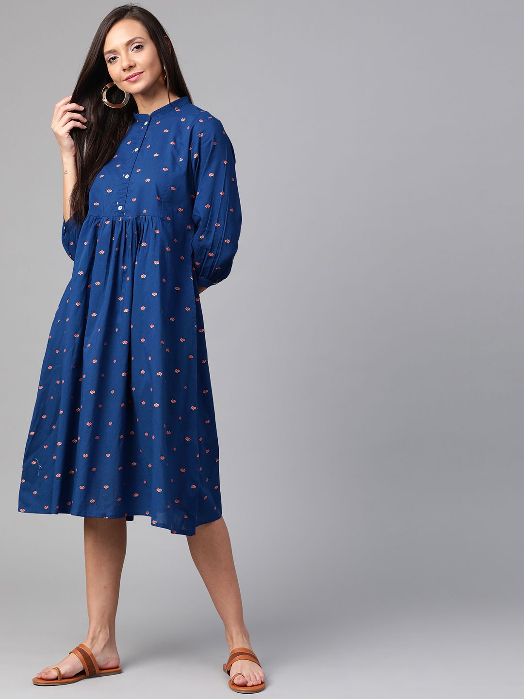 Sangria Navy Blue & Coral Pink Floral Printed Cotton A-Line Dress Price in India