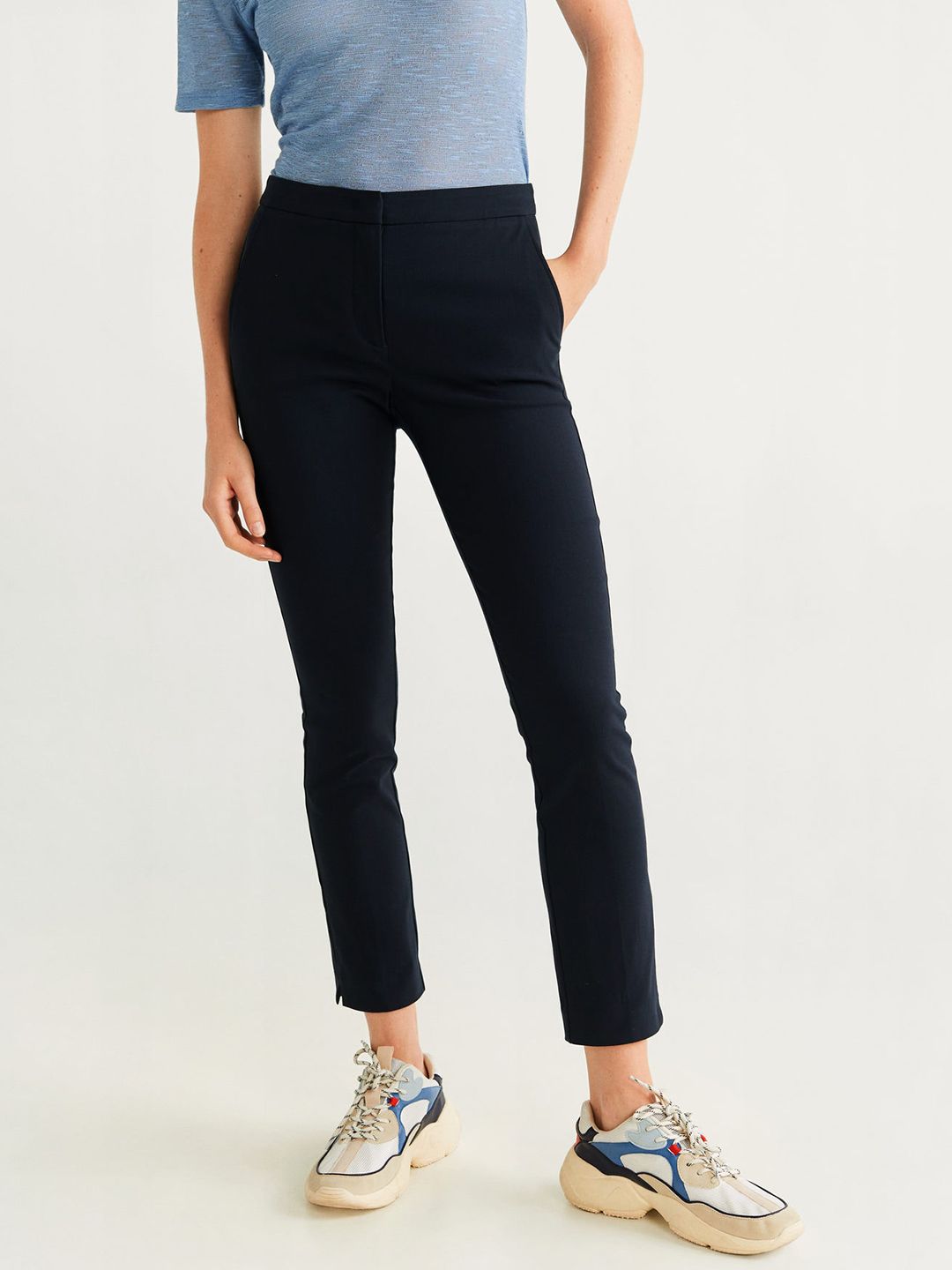 MANGO Women Navy Blue Solid Cropped Trousers