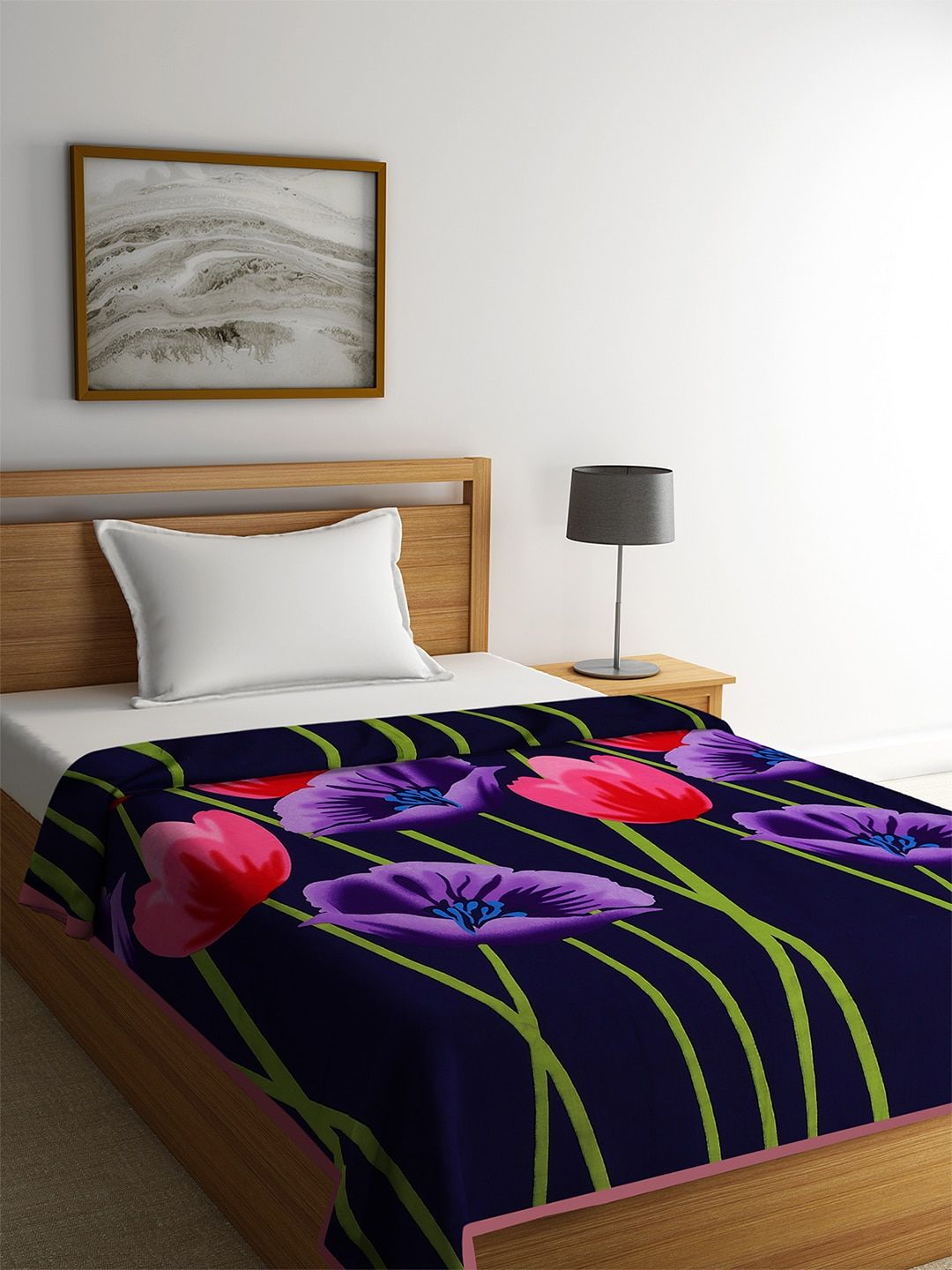 ROMEE Navy Blue Floral AC Room 300 GSM Single Bed Dohar Price in India