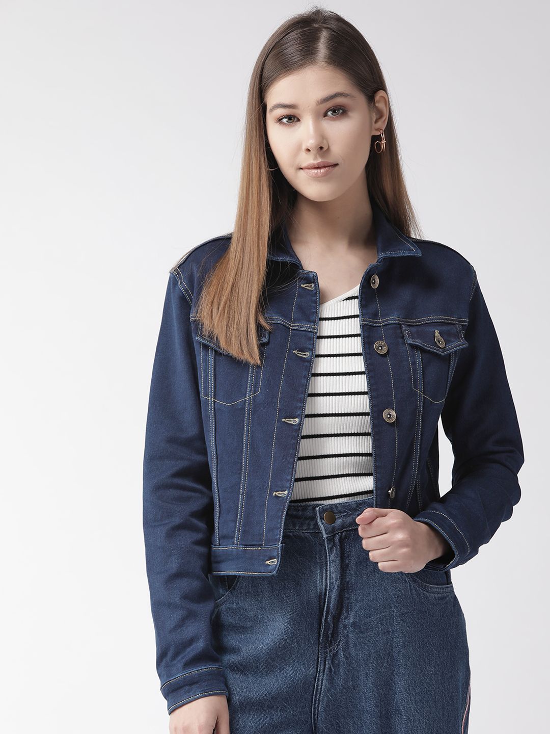 Xpose Women Navy Blue Solid Crop Denim Jacket Price in India