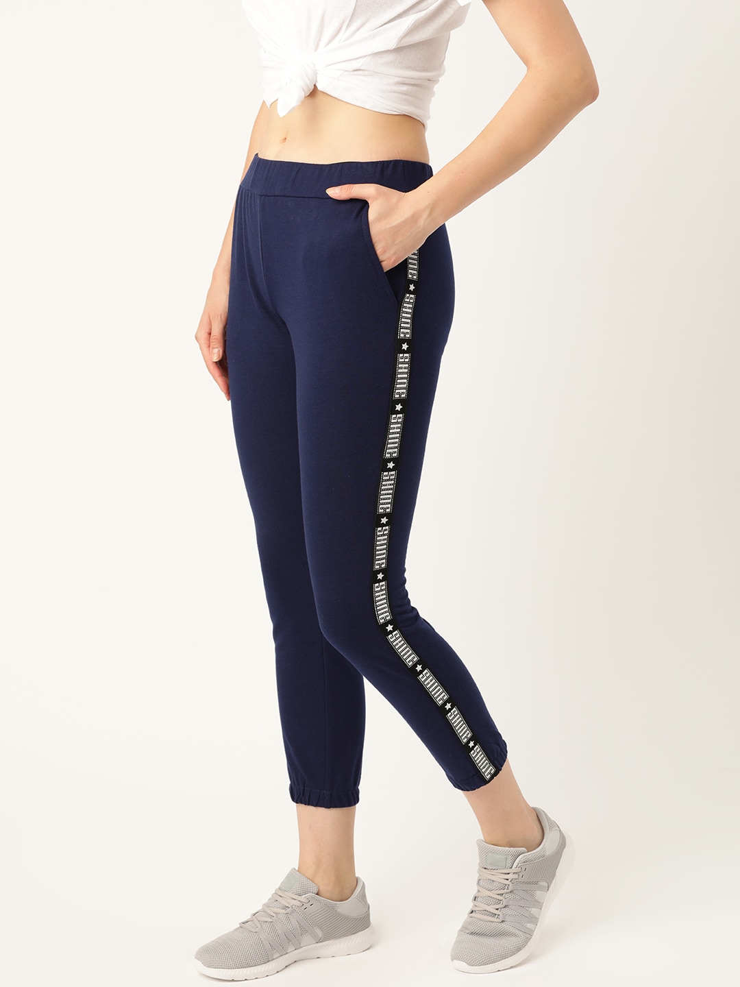 DressBerry Women Navy Blue Solid Cropped Joggers Price in India