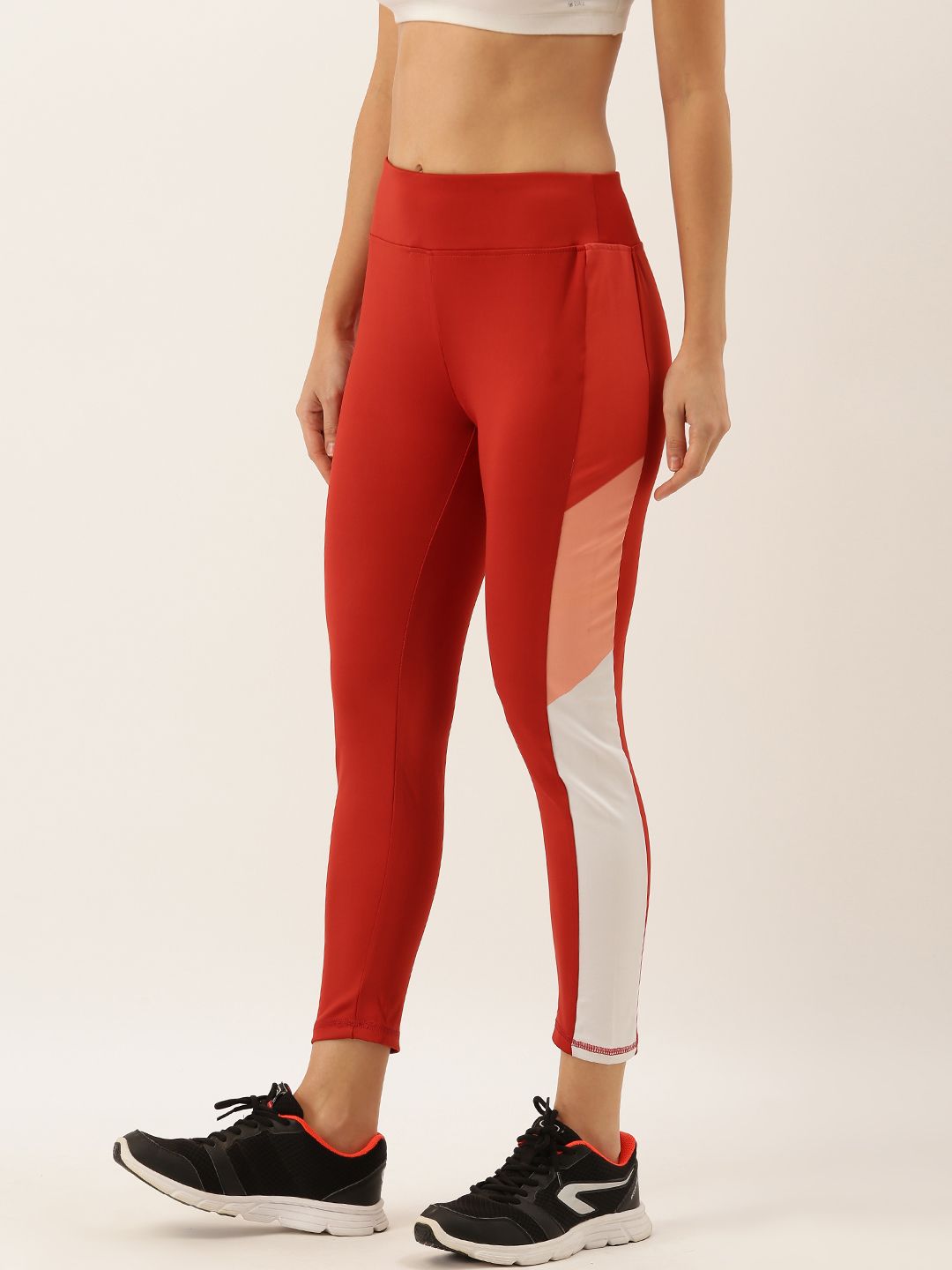 DressBerry Women Red & White Solid Cropped Tights With Side Stripes Price in India