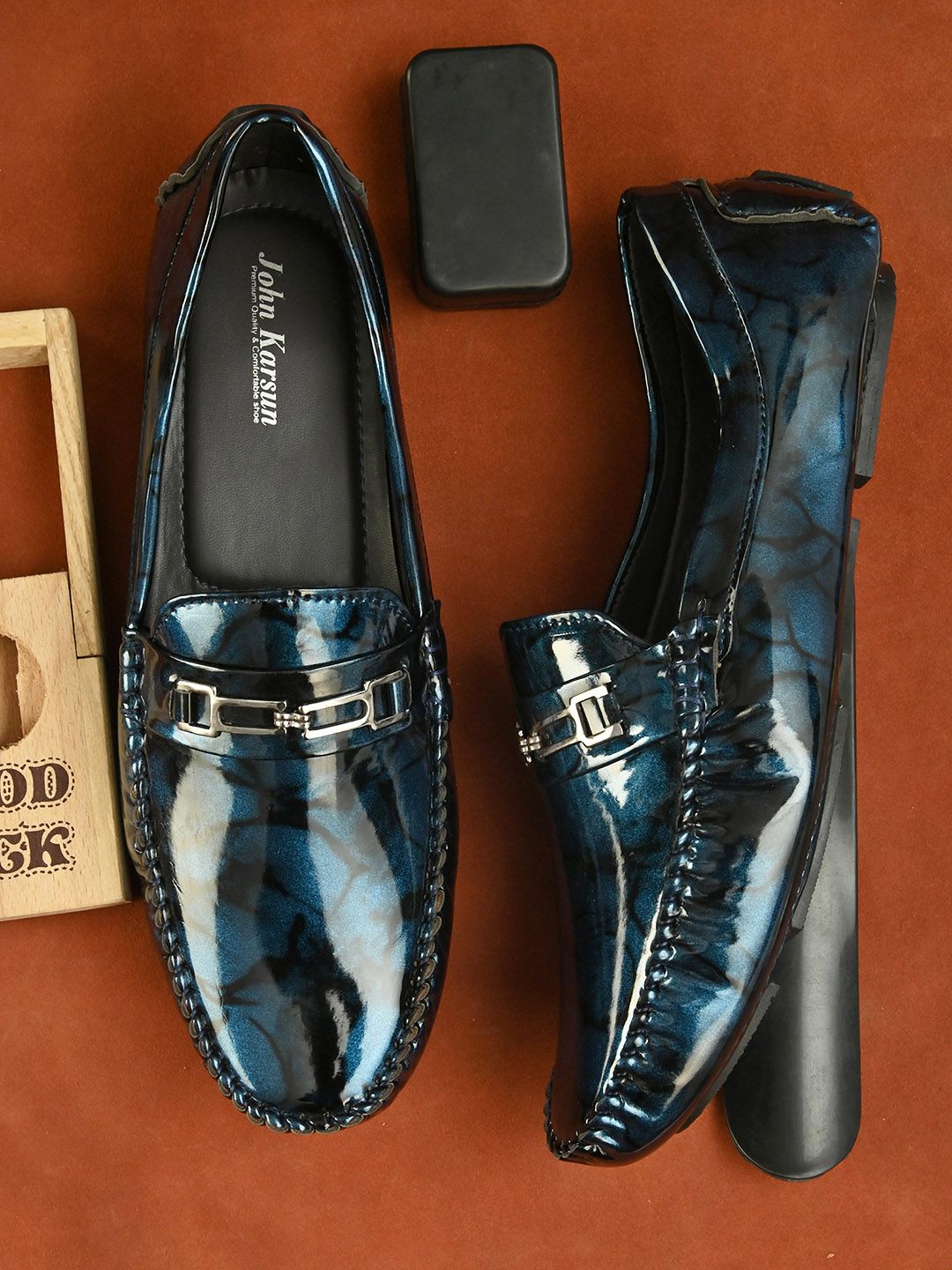 John Karsun Men Navy Blue Horsebit Loafers