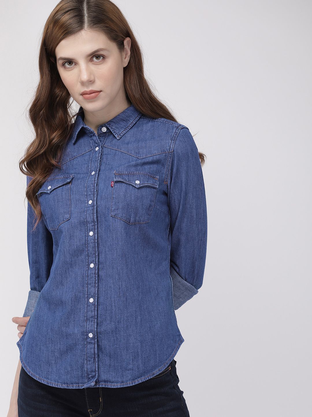 Levis Women Blue Regular Fit Solid Casual Denim Shirt