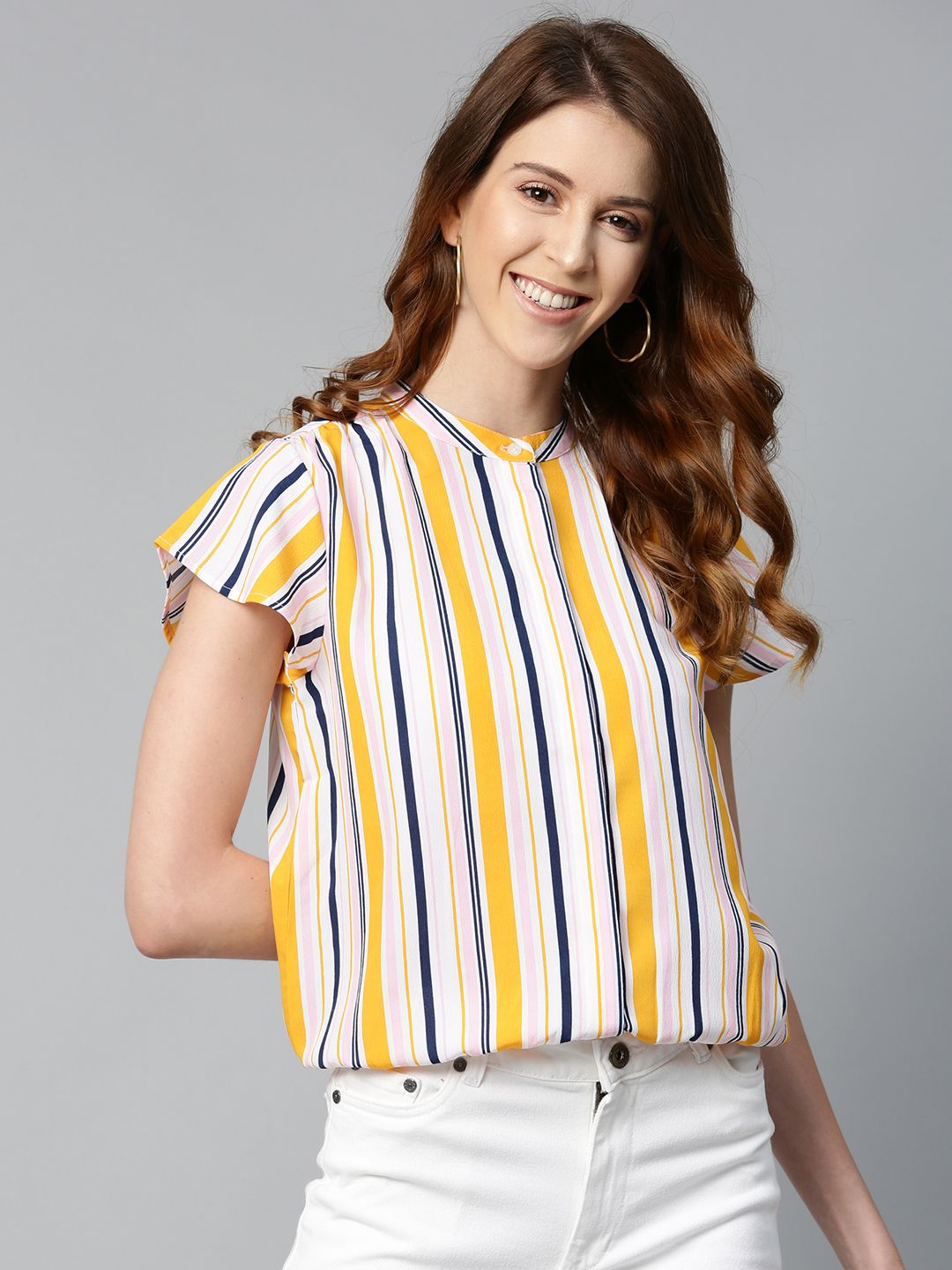 Mast & Harbour Women Off-White & Mustard Yellow Pleated Candy-Striped Blouson Pure Cotton Top Price in India