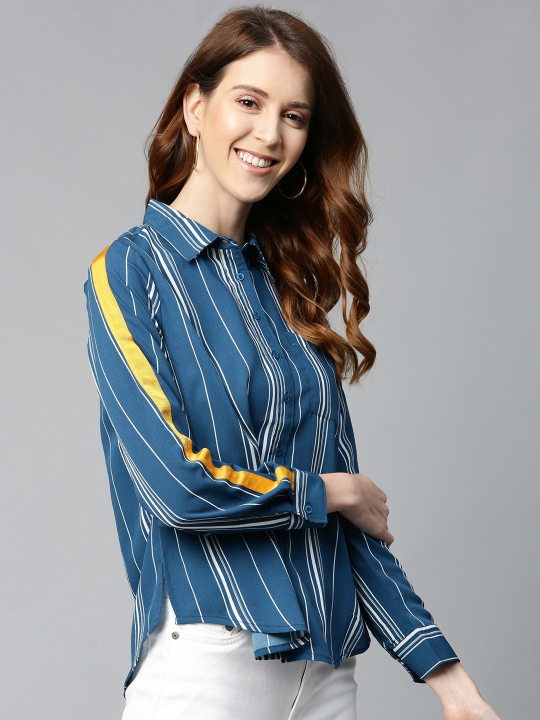 Mast & Harbour Women Teal Blue & White Regular Fit Striped High-Low Casual Shirt