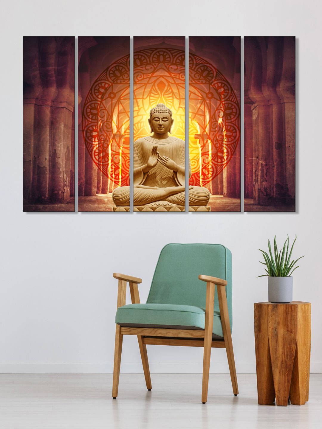 999Store Set of 5 Yellow & Red Printed Meditating Buddha Framed Wall Art Price in India