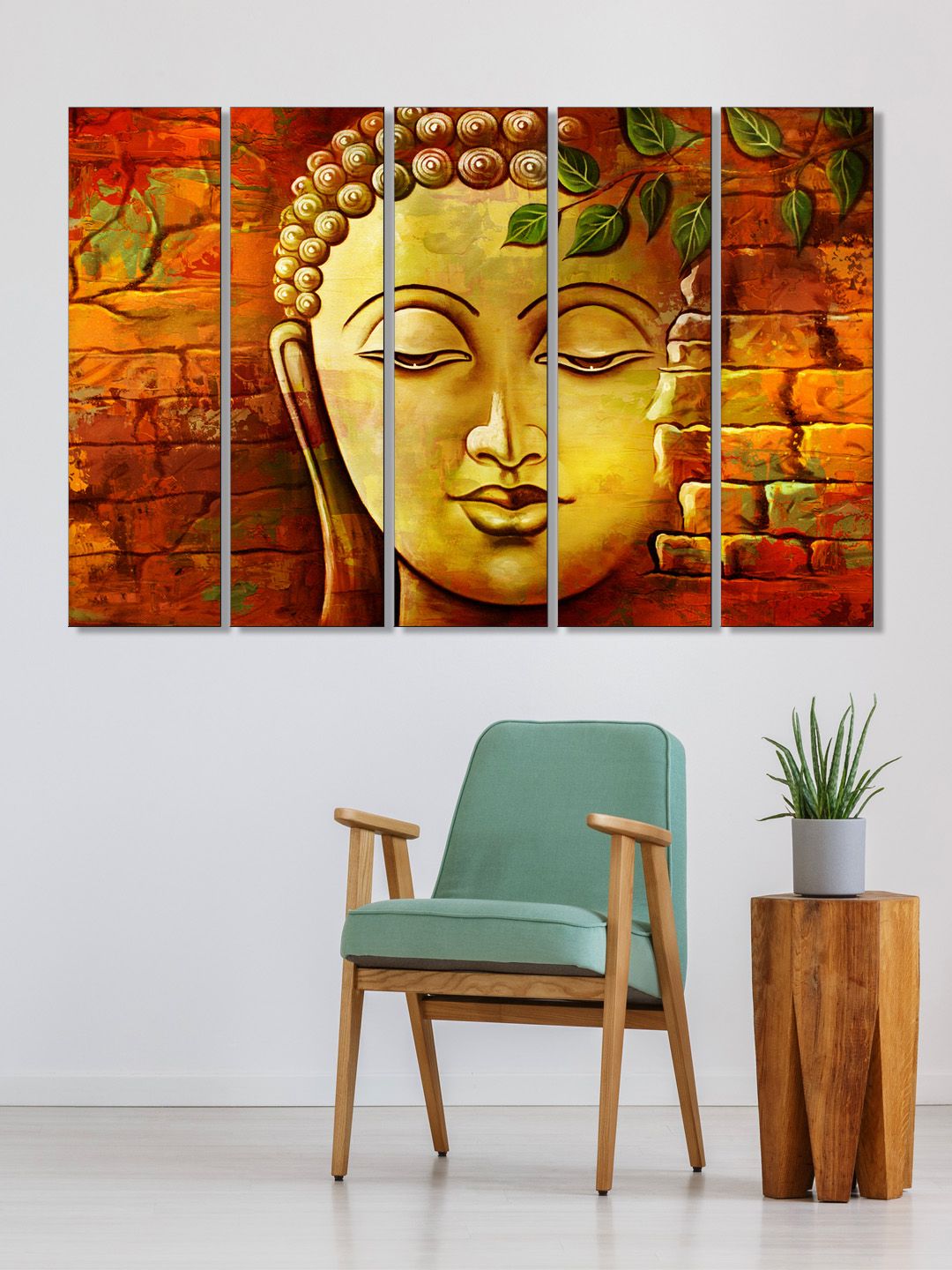 999Store Set of 5 Orange & Yellow Printed Meditating Buddha Framed Wall Art Price in India