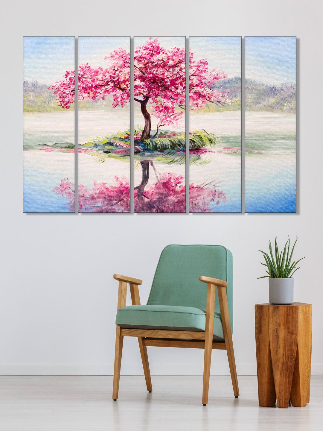 999Store Set of 5 Pink & Blue Printed Pink Leaves Tree Framed Wall Art Price in India