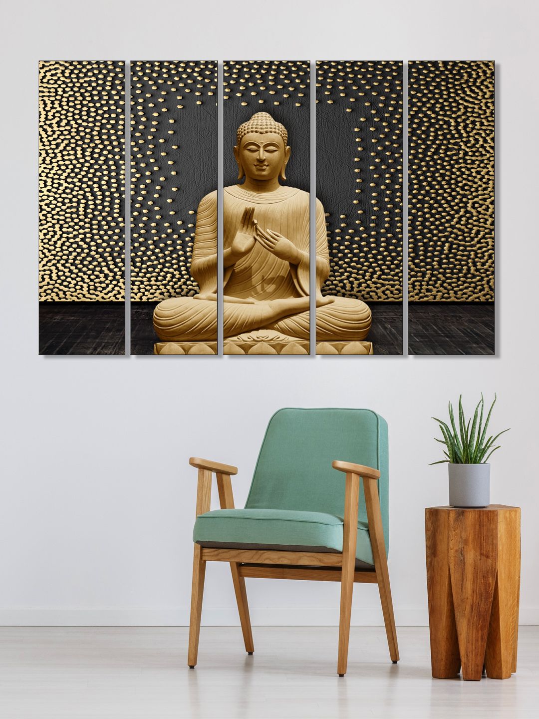 999Store Set of 5 Yellow & Black Printed Meditating Buddha Framed Wall Art Price in India