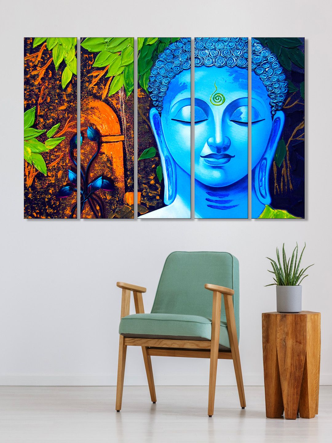 999Store Set of 5 Blue & Green Printed Meditating Buddha Framed Wall Art Price in India