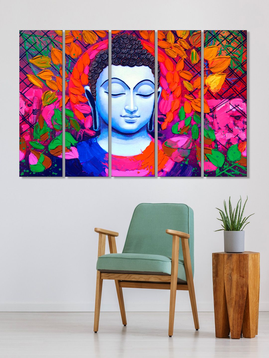 999Store Set of 5 Orange & Blue Printed Meditating Buddha Framed Wall Art Price in India