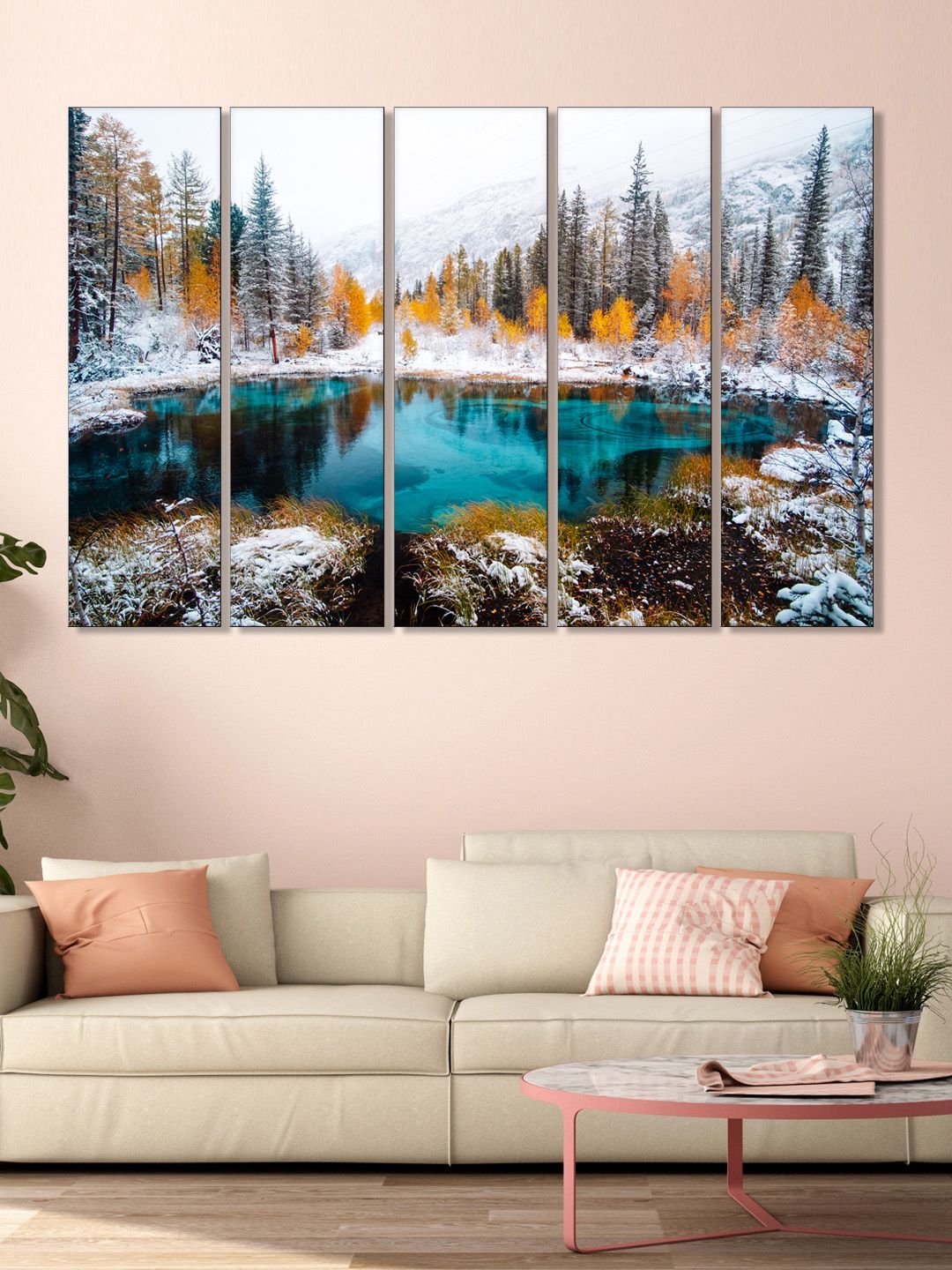 999Store Set of 5 White & Blue Printed Lake And Trees Framed Wall Art Price in India