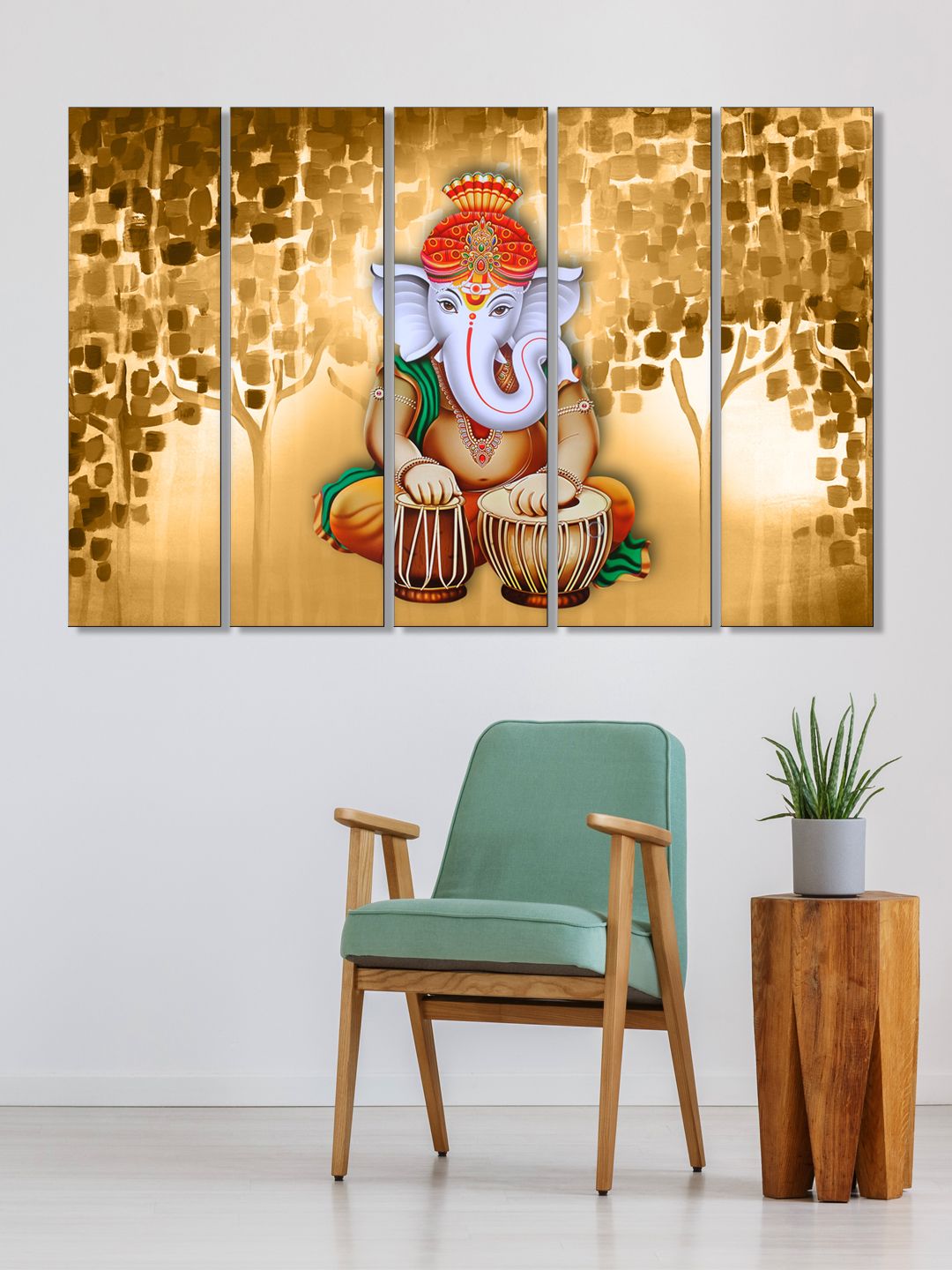 999Store Set of 5 Brown & Blue Printed Lord Ganesha Framed Wall Art Price in India