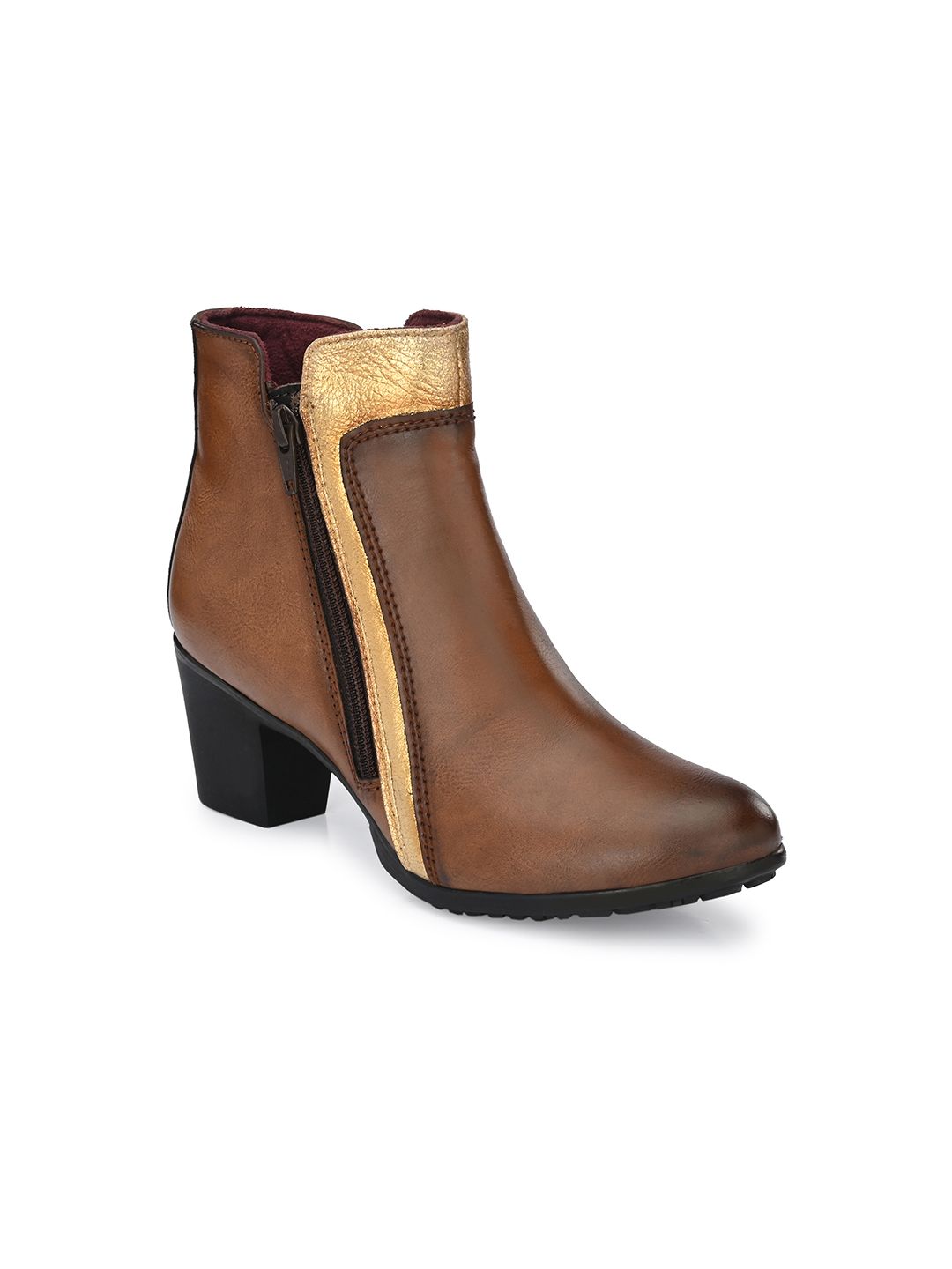 Delize Women Tan Brown & Beige Colourblocked Heeled Boots Price in India
